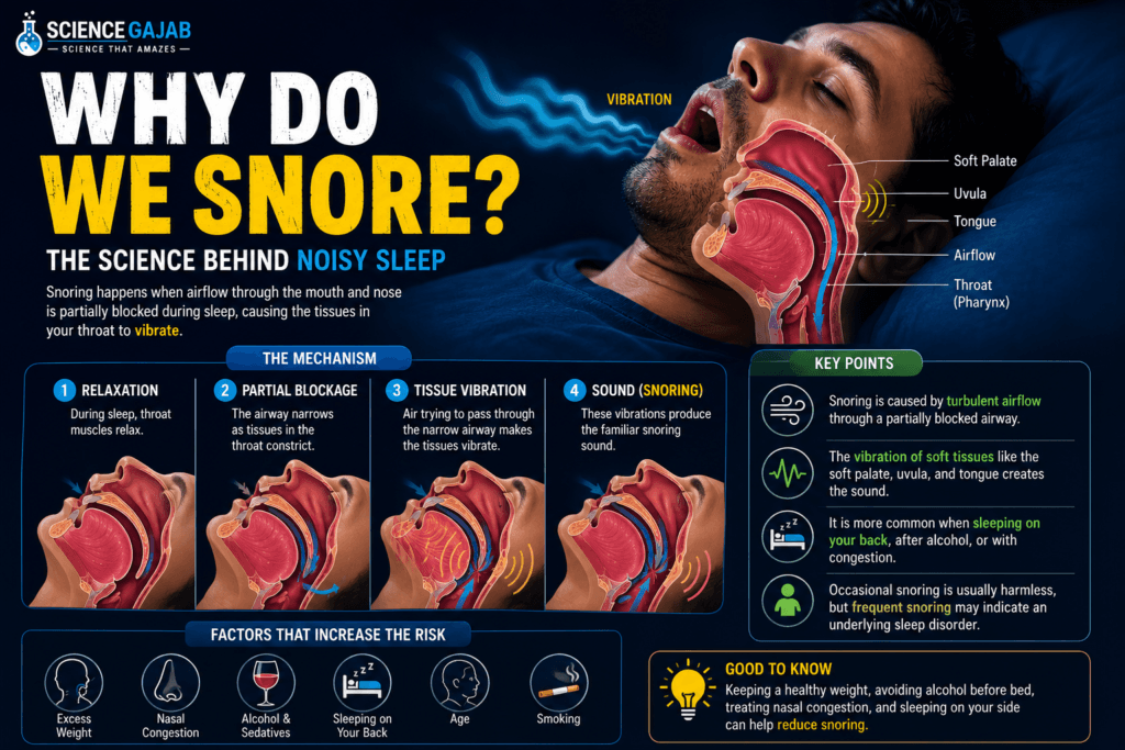 Detailed ScienceGajab infographic explaining the mechanism of snoring during sleep. The image shows a sleeping man with a labeled cross-sectional view of the upper airway, including the soft palate, uvula, tongue, throat, and airflow pathway. Blue airflow waves and vibration markers illustrate how partially blocked air passages cause soft tissues to vibrate, producing snoring sounds. A four-step diagram demonstrates the process: throat muscle relaxation, airway narrowing, tissue vibration, and sound generation. Additional sections highlight risk factors such as excess weight, nasal congestion, alcohol use, sleeping on the back, aging, and smoking. The infographic uses a dark blue background, bright educational graphics, and ScienceGajab branding.