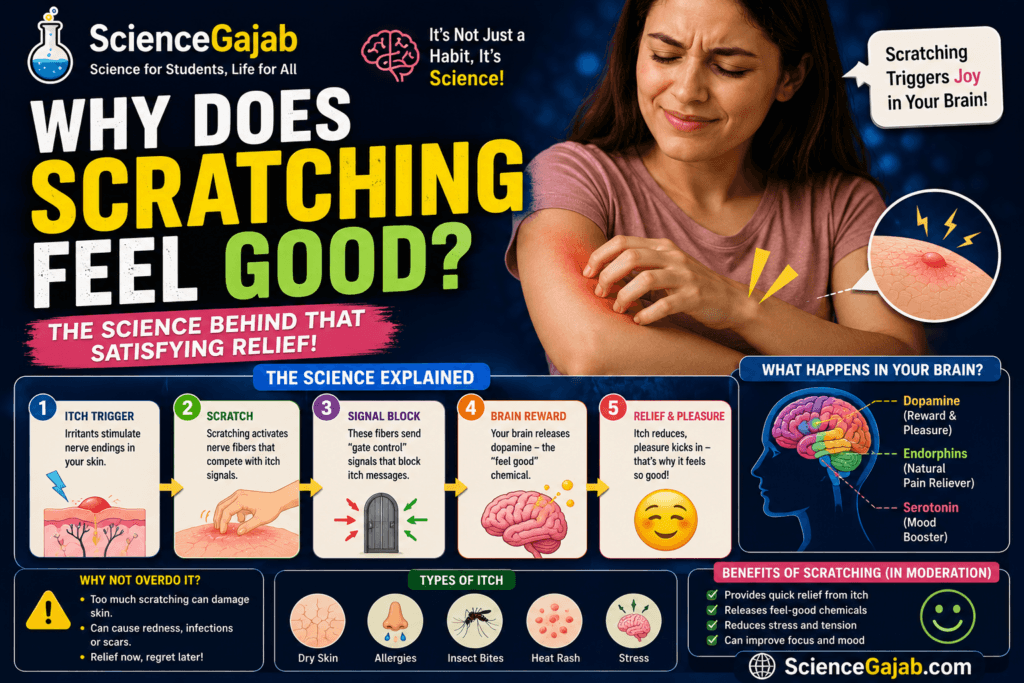 Why Does Scratching Feel Good? – Educational medical infographic showing a person scratching an itchy arm with an enlarged view of irritated skin. The illustration explains the science behind itch relief, including itch signals, scratching, nerve signal modulation, dopamine release, endorphins, serotonin, and temporary relief. It also highlights common causes of itching, the risks of excessive scratching, and the brain's reward response,