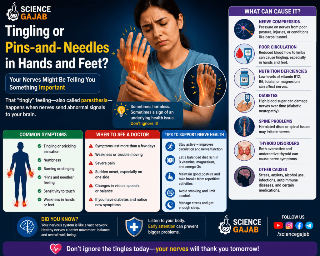 Person experiencing tingling and pins-and-needles sensation in hands and feet
