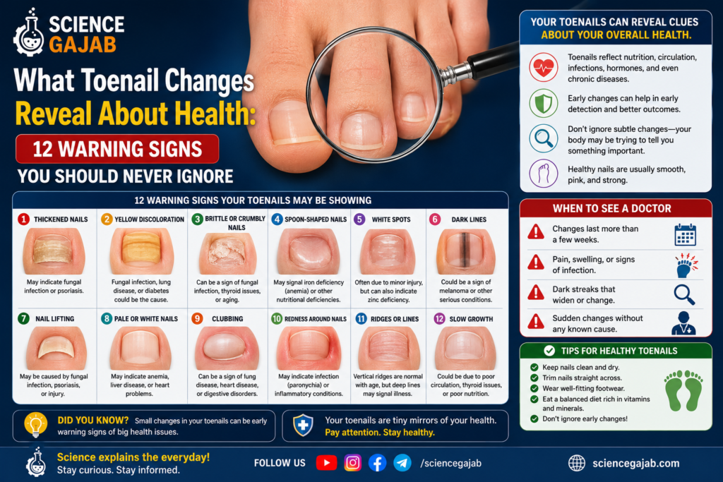 infographic titled 'What Toenail Changes Reveal About Health: 12 Warning Signs You Should Never Ignore.' The image shows a close-up of toenails under a magnifying glass, surrounded by illustrations of 12 common toenail abnormalities, including thickened nails, yellow discoloration, brittle nails, spoon-shaped nails, white spots, dark lines, nail lifting, pale nails, clubbing, redness around nails, ridges, and slow nail growth. The infographic explains how toenail changes can signal infections, nutritional deficiencies, circulation problems, diabetes, anemia, thyroid disorders, or other health conditions. It also includes doctor warning signs, toenail care tips,