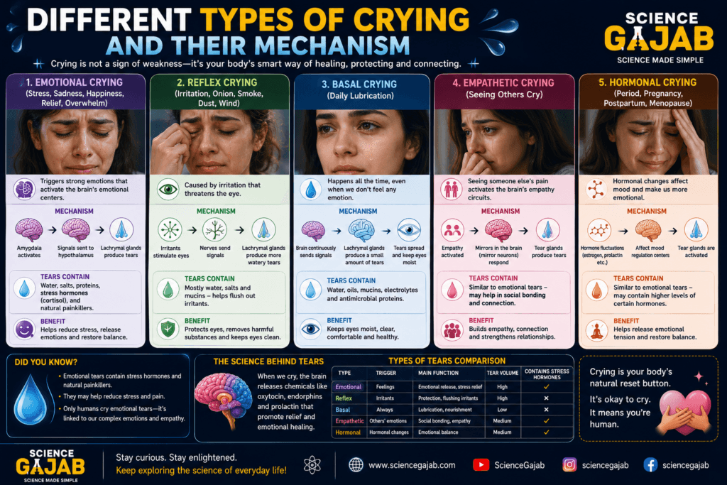 Educational infographic titled "Different Types of Crying and Their Mechanism," explaining five major types of tears: emotional crying, reflex crying, basal crying, empathetic crying, and hormonal crying. Each section illustrates the triggers, brain pathways, tear gland activation, tear composition, and benefits associated with that type of crying. Visual diagrams show how emotions, irritants, daily eye lubrication, empathy, and hormonal changes stimulate tear production. The infographic also includes a comparison table of tear types and highlights the role of tears in eye protection, emotional regulation, social bonding, and overall well-being.