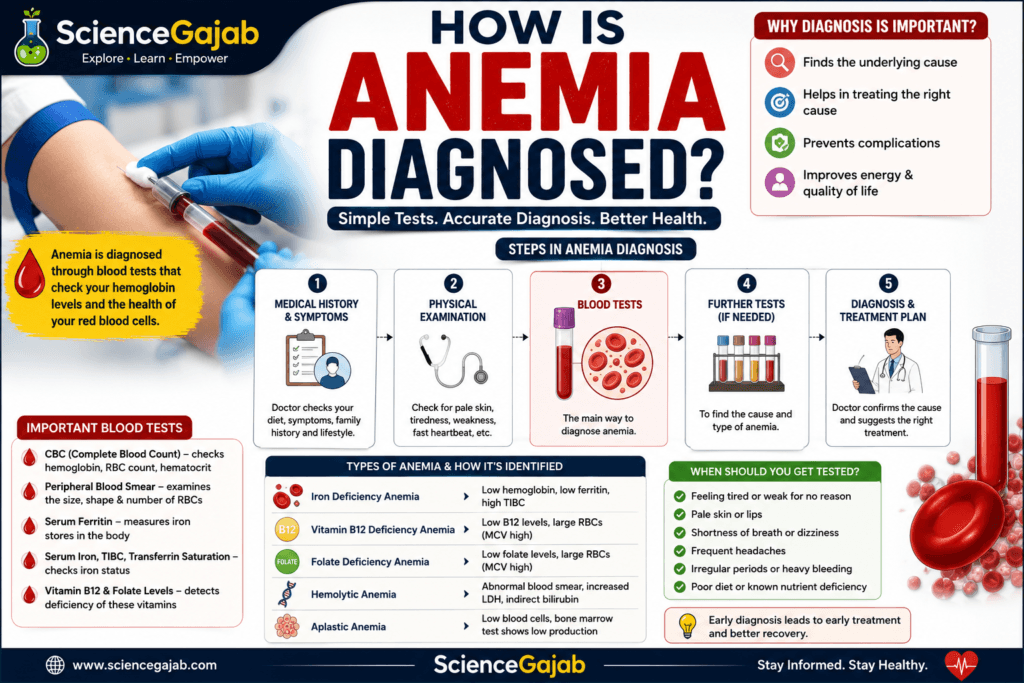 Medical infographic titled "How Is Anemia Diagnosed?" showing a blood sample collection, complete blood count (CBC) testing, physical examination, medical history review, additional laboratory tests, and diagnosis steps. The image also explains common blood tests for anemia, different types of anemia, when to get tested, and why early diagnosis is important, with ScienceGajab branding.