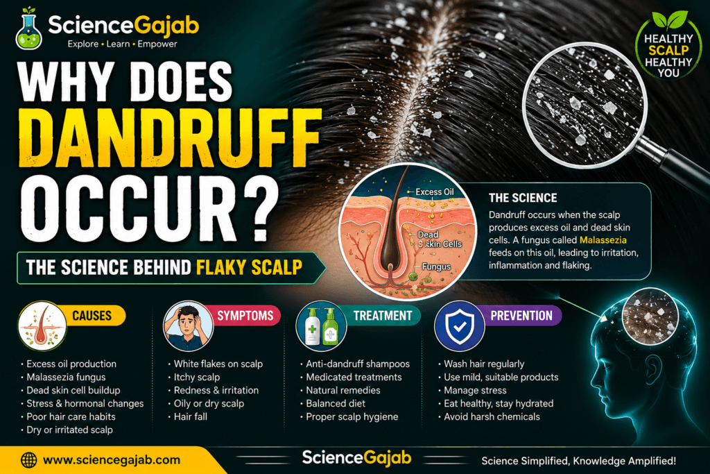 Educational medical illustration showing a dandruff-affected scalp with visible white flakes, a magnified view of scalp scaling, and a cross-sectional diagram explaining how excess oil, dead skin cells, and the Malassezia fungus contribute to dandruff. The infographic covers causes, symptoms, treatment, and prevention under the title "Why Does Dandruff Occur? The Science Behind Flaky Scalp" and includes ScienceGajab branding.