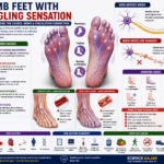 Medical illustration showing numb feet with tingling sensation, nerve pathways, poor circulation, diabetes, and vitamin deficiency warning signs.