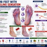 Medical illustration showing numb feet with tingling sensation, nerve pathways, poor circulation, diabetes, and vitamin deficiency warning signs.