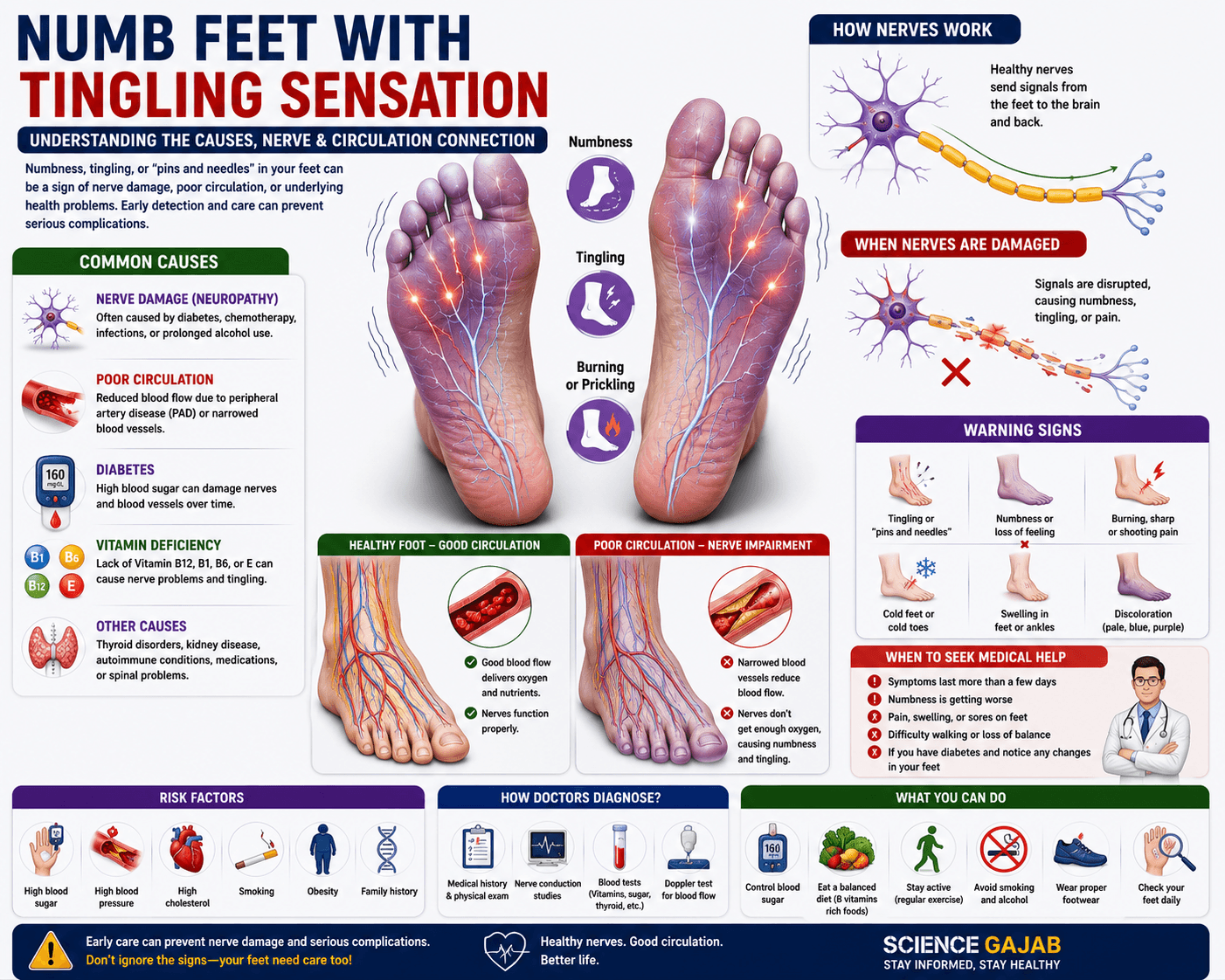 Medical illustration showing numb feet with tingling sensation, nerve pathways, poor circulation, diabetes, and vitamin deficiency warning signs.