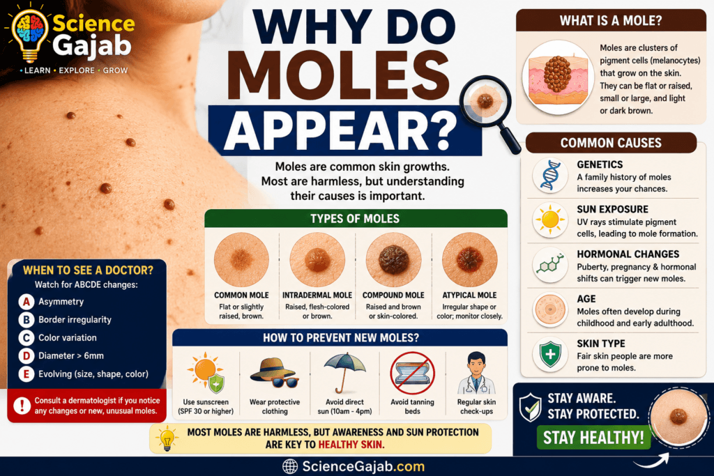 Infographic explaining why moles appear on the skin, including common causes, types of moles, warning signs of melanoma (ABCDE rule), and prevention tips