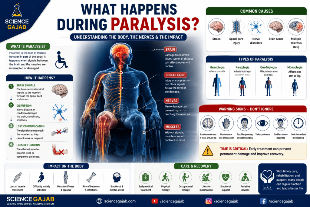 Medical infographic titled “What Happens During Paralysis?” by ScienceGajab. The image shows a human body seated in a wheelchair with highlighted brain, spinal cord, nerves, and muscles to illustrate how paralysis occurs when communication between the brain and muscles is disrupted. Sections explain the causes of paralysis, including stroke, spinal cord injury, nerve disorders, brain tumors, and multiple sclerosis. The infographic describes the process of paralysis, types of paralysis (hemiplegia, paraplegia, quadriplegia, and monoplegia), warning signs such as sudden weakness, numbness, speech difficulties, vision problems, and dizziness, as well as the physical and emotional impacts on the body. A care and recovery section highlights early medical treatment, physical therapy, rehabilitation, lifestyle changes, emotional support, and assistive devices. ScienceGajab branding and social media links are displayed at the bottom.