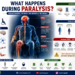 Medical infographic titled “What Happens During Paralysis?” by ScienceGajab. The image shows a human body seated in a wheelchair with highlighted brain, spinal cord, nerves, and muscles to illustrate how paralysis occurs when communication between the brain and muscles is disrupted. Sections explain the causes of paralysis, including stroke, spinal cord injury, nerve disorders, brain tumors, and multiple sclerosis. The infographic describes the process of paralysis, types of paralysis (hemiplegia, paraplegia, quadriplegia, and monoplegia), warning signs such as sudden weakness, numbness, speech difficulties, vision problems, and dizziness, as well as the physical and emotional impacts on the body. A care and recovery section highlights early medical treatment, physical therapy, rehabilitation, lifestyle changes, emotional support, and assistive devices. ScienceGajab branding and social media links are displayed at the bottom.