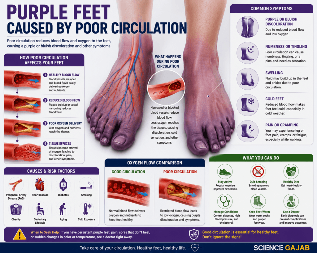 Medical illustration of purple feet caused by poor circulation, showing blood vessels, reduced oxygen flow, and symptoms such as numbness, swelling, and cold feet.