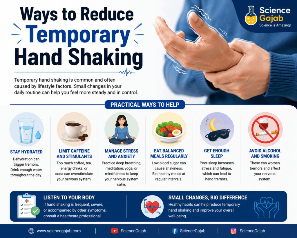 Health infographic titled "Ways to Reduce Temporary Hand Shaking" featuring a person holding a trembling hand. The image illustrates practical methods to reduce temporary hand tremors, including staying hydrated, limiting caffeine and stimulants, managing stress and anxiety, eating balanced meals regularly, getting enough sleep, and avoiding alcohol and smoking. The design uses a professional medical theme with ScienceGajab branding and emphasizes healthy lifestyle habits for better nervous system health.