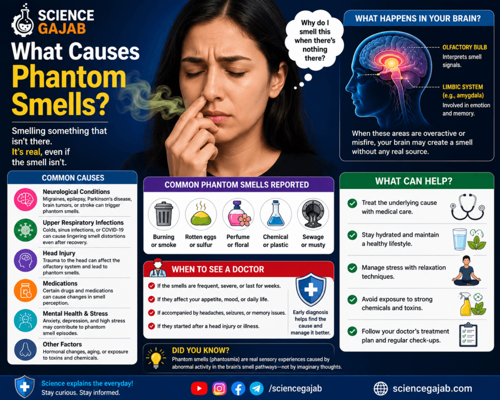 What causes phantom smells? Learn about phantosmia, its causes, symptoms, treatment options, and when smelling odors that aren't present may require medical attention.