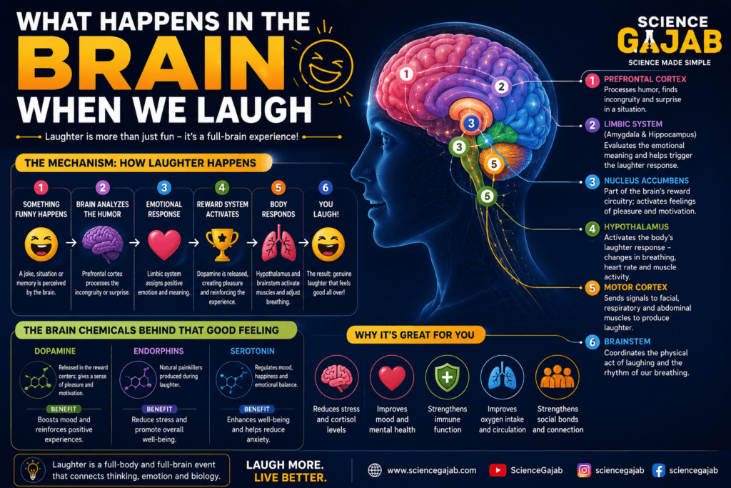 Detailed educational infographic showing what happens in the brain when we laugh. The image illustrates the neural pathway of laughter, highlighting key brain regions such as the prefrontal cortex, limbic system, nucleus accumbens, hypothalamus, motor cortex, and brainstem. A step-by-step mechanism explains how the brain processes humor, triggers emotional responses, activates reward circuits, releases dopamine, endorphins, and serotonin, and produces laughter. Additional sections describe the physical and mental health benefits of laughter, including stress reduction, improved mood, stronger immunity, better breathing, and enhanced social connection. ScienceGajab branding is prominently displayed throughout the infographic.