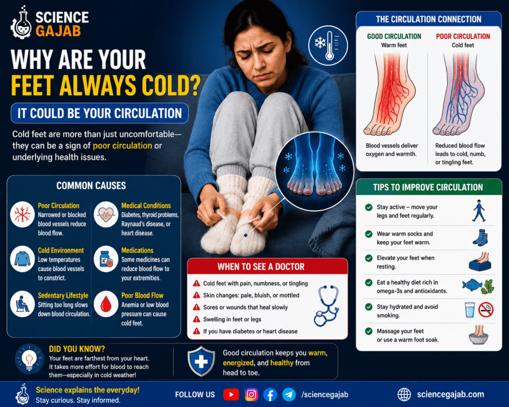 Person with cold feet wearing socks and circulation illustration