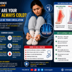 Person with cold feet wearing socks and circulation illustration