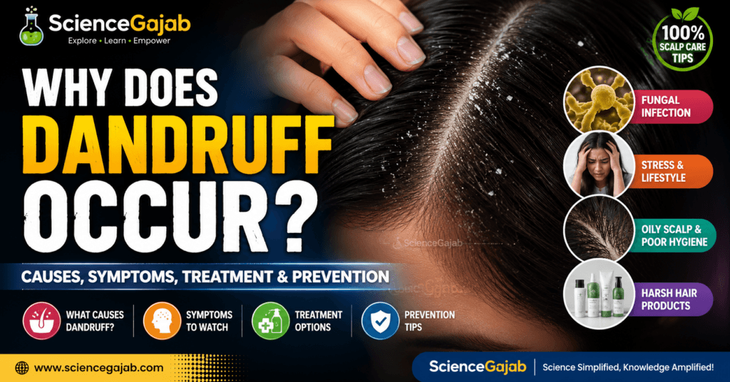 Close-up medical illustration of a human scalp with visible white dandruff flakes on dark hair, highlighting scalp irritation. The featured image includes the title "Why Does Dandruff Occur?" along with causes, symptoms, treatment, and prevention tips, branded with the ScienceGajab logo for educational health content.