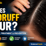 Close-up medical illustration of a human scalp with visible white dandruff flakes on dark hair, highlighting scalp irritation. The featured image includes the title "Why Does Dandruff Occur?" along with causes, symptoms, treatment, and prevention tips, branded with the ScienceGajab logo for educational health content.