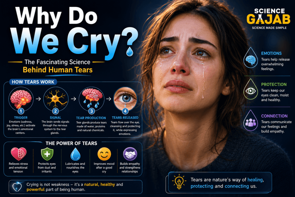 Featured image titled "Why Do We Cry? The Fascinating Science Behind Human Tears," showing a close-up of a person with tears running down their face. The infographic explains how emotions activate the brain, send signals to tear glands, and produce tears that protect and lubricate the eyes. Visual sections highlight the emotional, protective, and social functions of crying, along with benefits such as stress relief, eye health, emotional healing, and empathy. ScienceGajab branding is prominently displayed in the design.