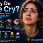 Featured image titled "Why Do We Cry? The Fascinating Science Behind Human Tears," showing a close-up of a person with tears running down their face. The infographic explains how emotions activate the brain, send signals to tear glands, and produce tears that protect and lubricate the eyes. Visual sections highlight the emotional, protective, and social functions of crying, along with benefits such as stress relief, eye health, emotional healing, and empathy. ScienceGajab branding is prominently displayed in the design.