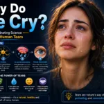 Featured image titled "Why Do We Cry? The Fascinating Science Behind Human Tears," showing a close-up of a person with tears running down their face. The infographic explains how emotions activate the brain, send signals to tear glands, and produce tears that protect and lubricate the eyes. Visual sections highlight the emotional, protective, and social functions of crying, along with benefits such as stress relief, eye health, emotional healing, and empathy. ScienceGajab branding is prominently displayed in the design.