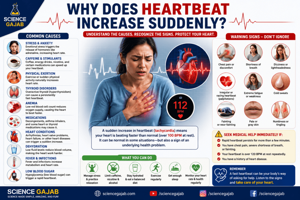 Person experiencing sudden fast heartbeat with heart rate illustration