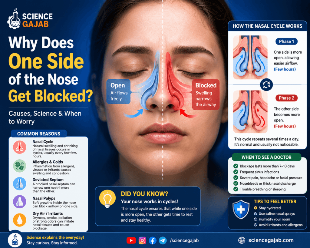 infographic explaining why one side of the nose gets blocked. The image shows a human face with a cross-sectional view of the nasal passages, comparing an open nostril and a blocked nostril. It illustrates the nasal cycle, common causes of one-sided nasal blockage including allergies, colds, deviated septum, nasal polyps, and irritants, along with symptoms, doctor warning signs, and tips for relief.