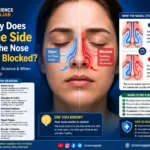infographic explaining why one side of the nose gets blocked. The image shows a human face with a cross-sectional view of the nasal passages, comparing an open nostril and a blocked nostril. It illustrates the nasal cycle, common causes of one-sided nasal blockage including allergies, colds, deviated septum, nasal polyps, and irritants, along with symptoms, doctor warning signs, and tips for relief.