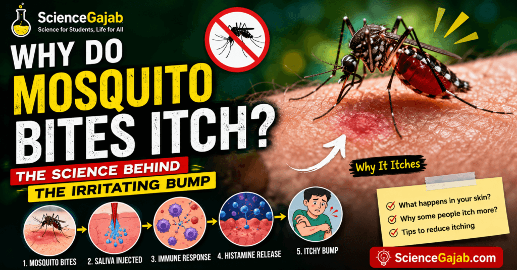 Why Do Mosquito Bites Itch? The Science Behind the Irritating Bump – High-contrast educational infographic showing a mosquito biting human skin with a raised red itchy bump. The image explains the biological process behind mosquito bite itching, including saliva injection, immune response, histamine release, and the formation of an itchy bump. It also highlights why some people itch more than others and includes tips to reduce itching, with ScienceGajab branding on a green science-themed background.