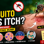 Why Do Mosquito Bites Itch? The Science Behind the Irritating Bump – High-contrast educational infographic showing a mosquito biting human skin with a raised red itchy bump. The image explains the biological process behind mosquito bite itching, including saliva injection, immune response, histamine release, and the formation of an itchy bump. It also highlights why some people itch more than others and includes tips to reduce itching