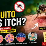 Why Do Mosquito Bites Itch? The Science Behind the Irritating Bump – High-contrast educational infographic showing a mosquito biting human skin with a raised red itchy bump. The image explains the biological process behind mosquito bite itching, including saliva injection, immune response, histamine release, and the formation of an itchy bump. It also highlights why some people itch more than others and includes tips to reduce itching