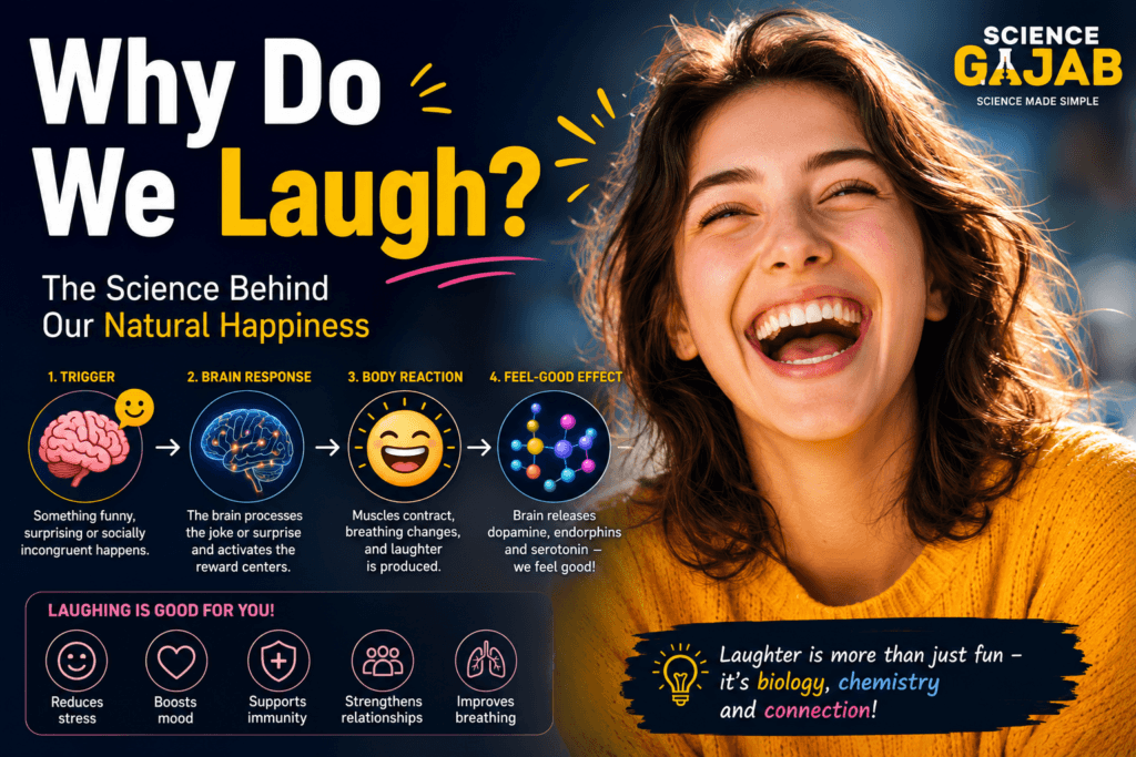 Featured image explaining why humans laugh, showing a smiling person laughing alongside a visual breakdown of the laughter process. The infographic illustrates how the brain responds to humor, triggers body reactions, and releases feel-good chemicals such as dopamine, endorphins, and serotonin. Additional icons highlight the benefits of laughter, including stress reduction, improved mood, stronger immunity, better breathing, and social connection. ScienceGajab branding is displayed prominently.