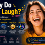 Featured image explaining why humans laugh, showing a smiling person laughing alongside a visual breakdown of the laughter process. The infographic illustrates how the brain responds to humor, triggers body reactions, and releases feel-good chemicals such as dopamine, endorphins, and serotonin. Additional icons highlight the benefits of laughter, including stress reduction, improved mood, stronger immunity, better breathing, and social connection. ScienceGajab branding is displayed prominently.