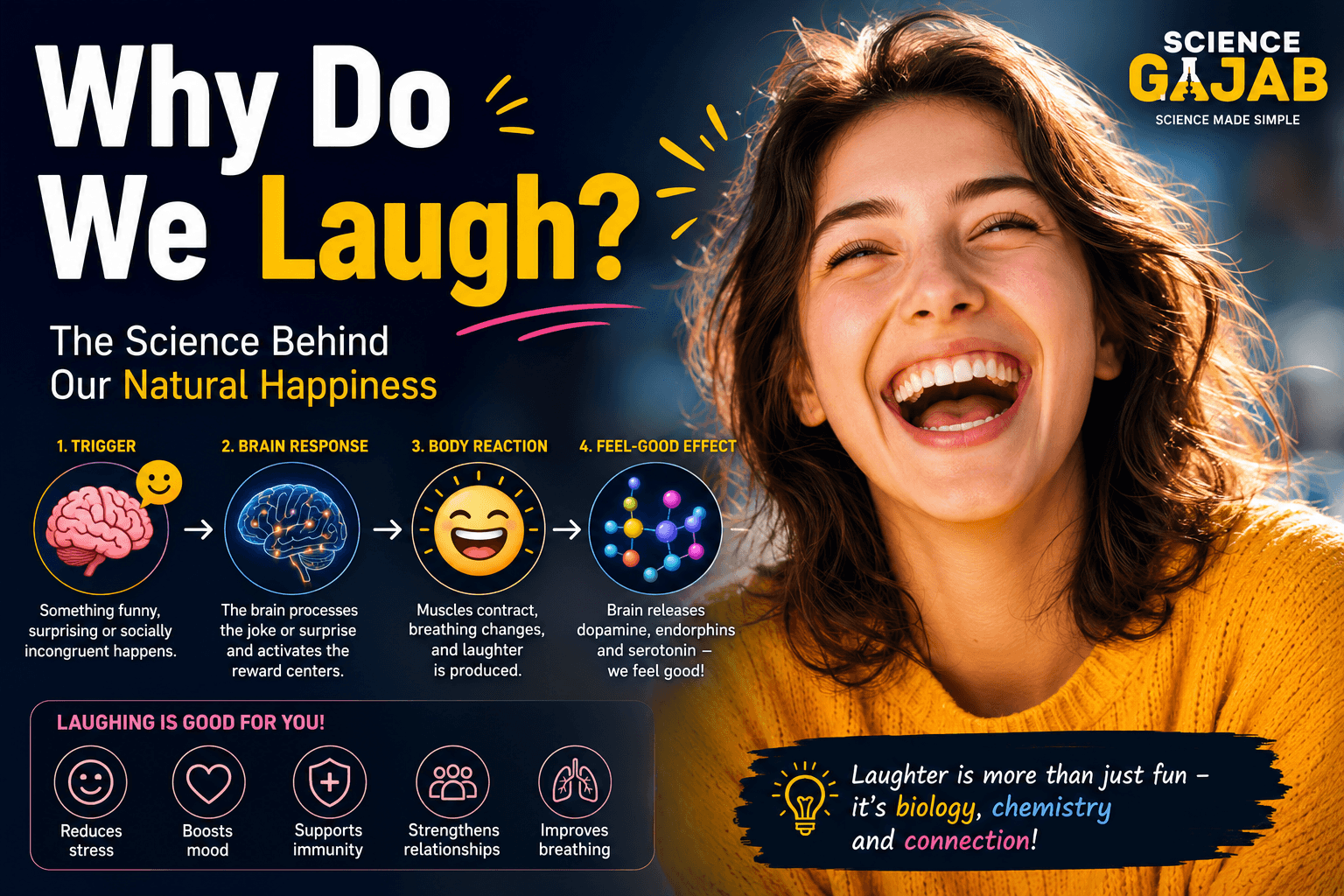 Featured image explaining why humans laugh, showing a smiling person laughing alongside a visual breakdown of the laughter process. The infographic illustrates how the brain responds to humor, triggers body reactions, and releases feel-good chemicals such as dopamine, endorphins, and serotonin. Additional icons highlight the benefits of laughter, including stress reduction, improved mood, stronger immunity, better breathing, and social connection. ScienceGajab branding is displayed prominently.