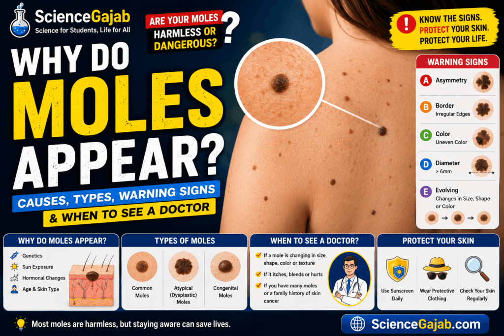 Why Do Moles Appear? Causes, Types, Warning Signs & When to See a Doctor – Educational medical infographic showing multiple skin moles on a person's back with a magnified view of a mole. The image explains common causes of moles, different mole types, the ABCDE warning signs of melanoma (Asymmetry, Border, Color, Diameter, Evolving), when to seek medical attention, and skin protection tips, with ScienceGajab branding on a blue medical-themed background.