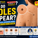 Why Do Moles Appear? Causes, Types, Warning Signs & When to See a Doctor – Educational medical infographic showing multiple skin moles on a person's back with a magnified view of a mole. The image explains common causes of moles, different mole types, the ABCDE warning signs of melanoma (Asymmetry, Border, Color, Diameter, Evolving), when to seek medical attention, and skin protection tips, with ScienceGajab branding on a blue medical-themed background.