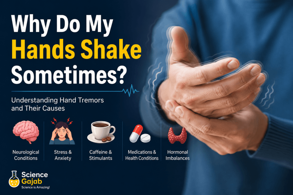 Close-up illustration of shaking hands with motion effects, explaining the causes of hand tremors. The infographic highlights neurological conditions, stress and anxiety, caffeine use, medications, and hormonal imbalances as common reasons for shaky hands. Designed with a professional medical theme
