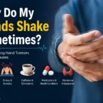Close-up illustration of shaking hands with motion effects, explaining the causes of hand tremors. The infographic highlights neurological conditions, stress and anxiety, caffeine use, medications, and hormonal imbalances as common reasons for shaky hands. Designed with a professional medical theme