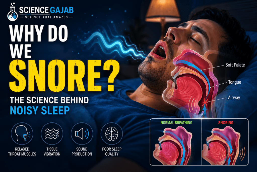 Featured image for ScienceGajab explaining why people snore during sleep. The image shows a sleeping man with an anatomical cross-section of the nose, mouth, tongue, and airway. Blue airflow waves and throat tissue vibrations illustrate the mechanism of snoring. A comparison between normal breathing and snoring is displayed, along with labels for the soft palate, tongue, and airway. The ScienceGajab logo appears at the top, and the title reads “Why Do We Snore? The Science Behind Noisy Sleep.”
