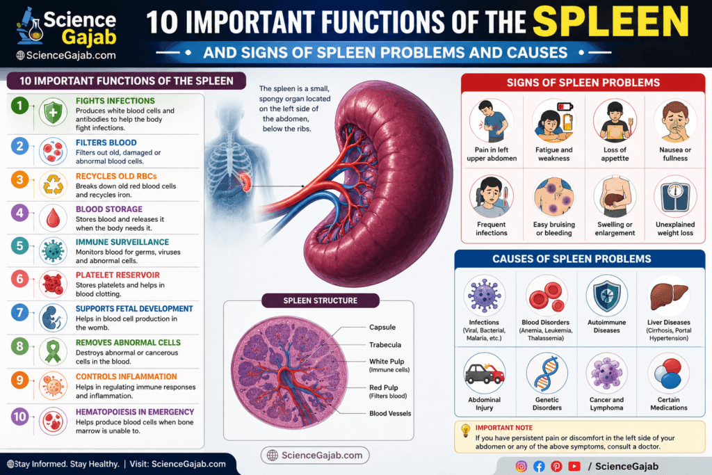 Educational infographic showing the 10 important functions of the spleen, signs of spleen problems, common causes of spleen diseases, and labeled spleen anatomy with medical illustrations. ScienceGajab health education infographic.