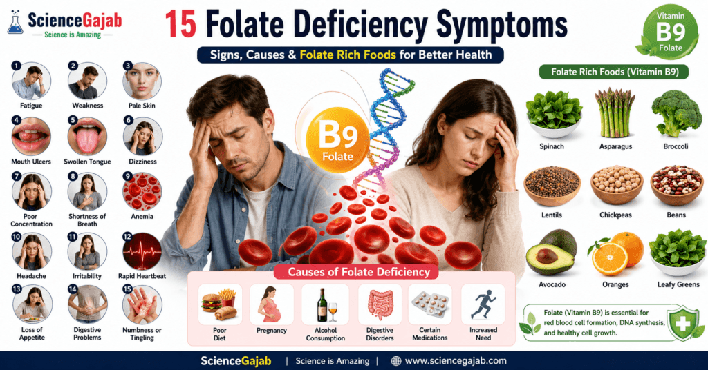 Medical illustration showing common folate deficiency symptoms including fatigue, mouth ulcers, swollen tongue, anemia, dizziness, and folate-rich foods.