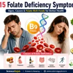 Medical illustration showing common folate deficiency symptoms including fatigue, mouth ulcers, swollen tongue, anemia, dizziness, and folate-rich foods.