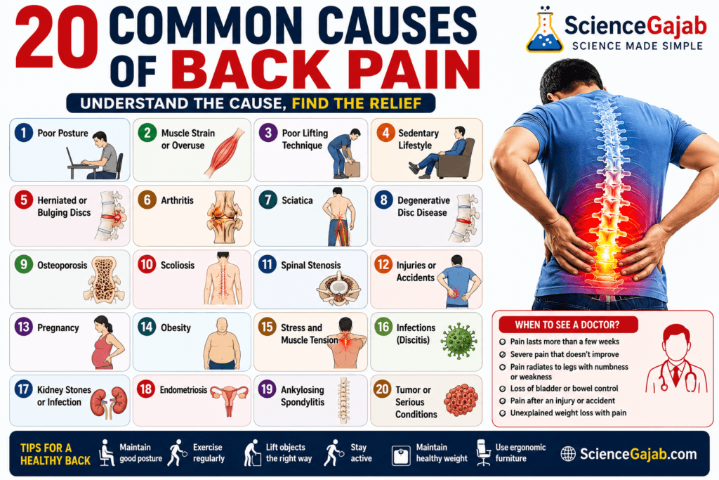 Medical infographic showing 20 common causes of back pain, including poor posture, muscle strain, heavy lifting, sedentary lifestyle, herniated disc, arthritis, sciatica, degenerative disc disease, osteoporosis, scoliosis, spinal stenosis, injuries, pregnancy, obesity, stress, spinal infections, kidney problems, endometriosis, ankylosing spondylitis, and spinal tumors. The illustration highlights the spine with lower back pain, warning signs that require medical attention, and healthy back care tips.