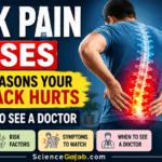 Featured infographic illustrating 20 common causes of back pain, including poor posture, herniated disc, muscle strain, arthritis, kidney problems, osteoporosis, sciatica, and spinal conditions. A person holds their lower back with a highlighted spine, alongside warning signs and guidance on when to see a doctor.