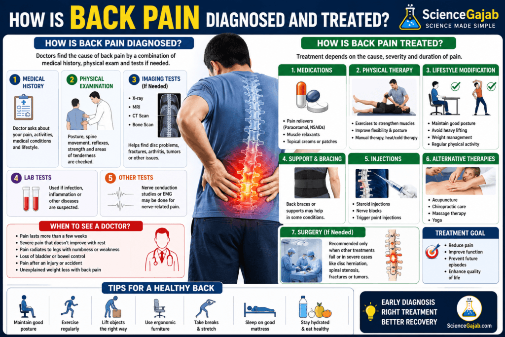 Medical infographic explaining how back pain is diagnosed and treated. The illustration shows diagnosis methods such as medical history, physical examination, X-rays, MRI, CT scan, lab tests, and nerve studies, along with treatment options including medications, physical therapy, exercise, lifestyle changes, back braces, spinal injections, and surgery when necessary. It also highlights warning signs that require medical attention and healthy back care tips. Educational spine health graphic by ScienceGajab.