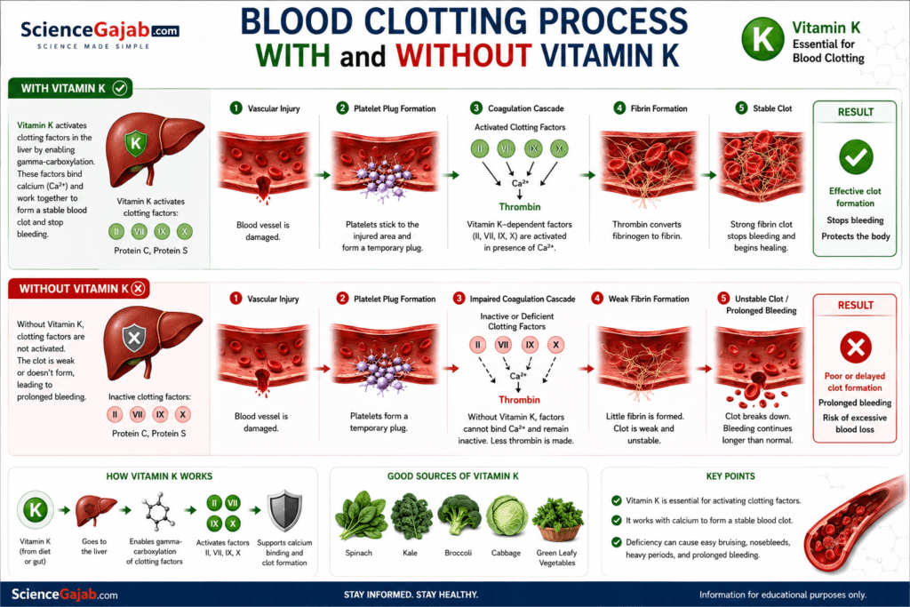 Blood Clotting Process With and Without Vitamin K infographic showing a side-by-side comparison of normal blood coagulation versus impaired clotting caused by vitamin K deficiency. The illustration explains vascular injury, platelet plug formation, coagulation cascade, fibrin clot formation, and stable clot development with vitamin K, alongside delayed clotting and prolonged bleeding without vitamin K. Includes liver, blood vessel, clotting factor, and fibrin illustrations, vitamin K-rich foods such as spinach, kale, broccoli, and cabbage,
