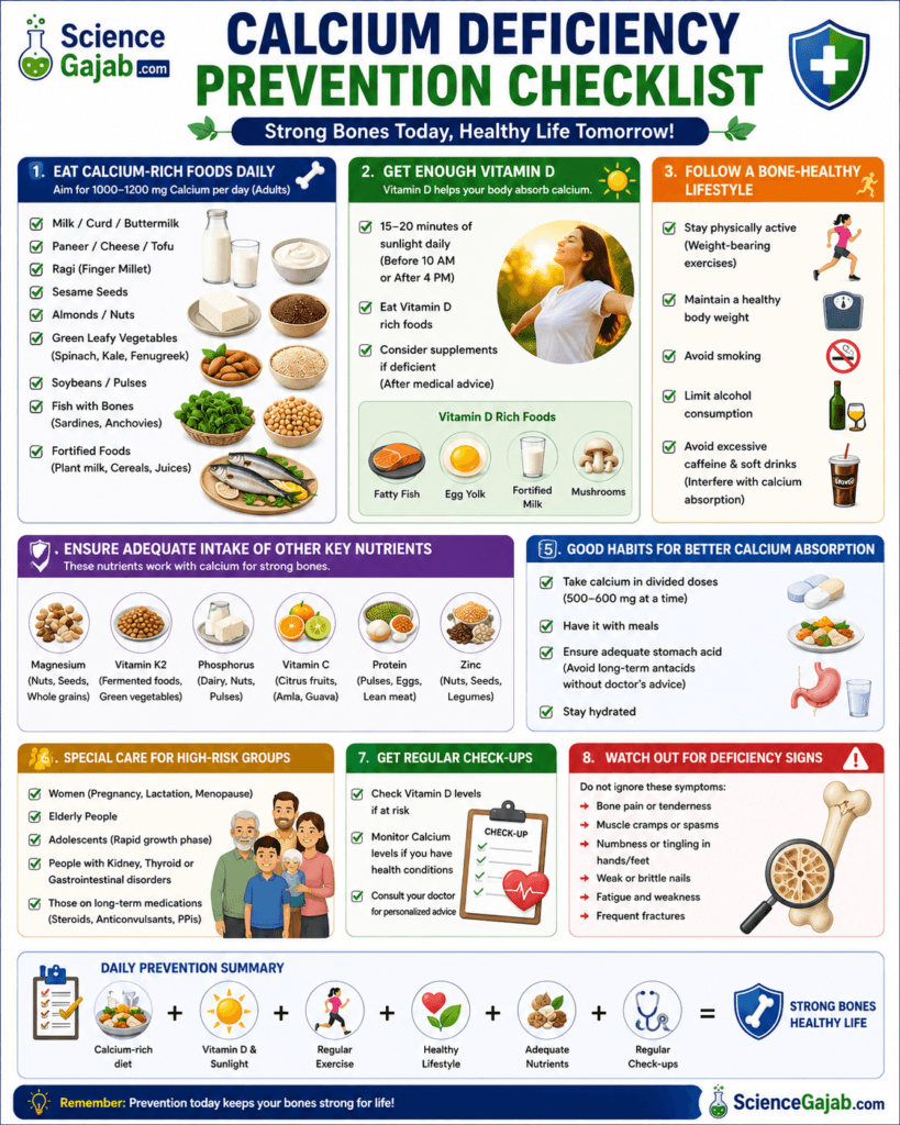 This infographic organizes practical steps to help prevent calcium deficiency, including diet, vitamin D, exercise, healthy habits, and regular check-ups in an easy-to-follow checklist.