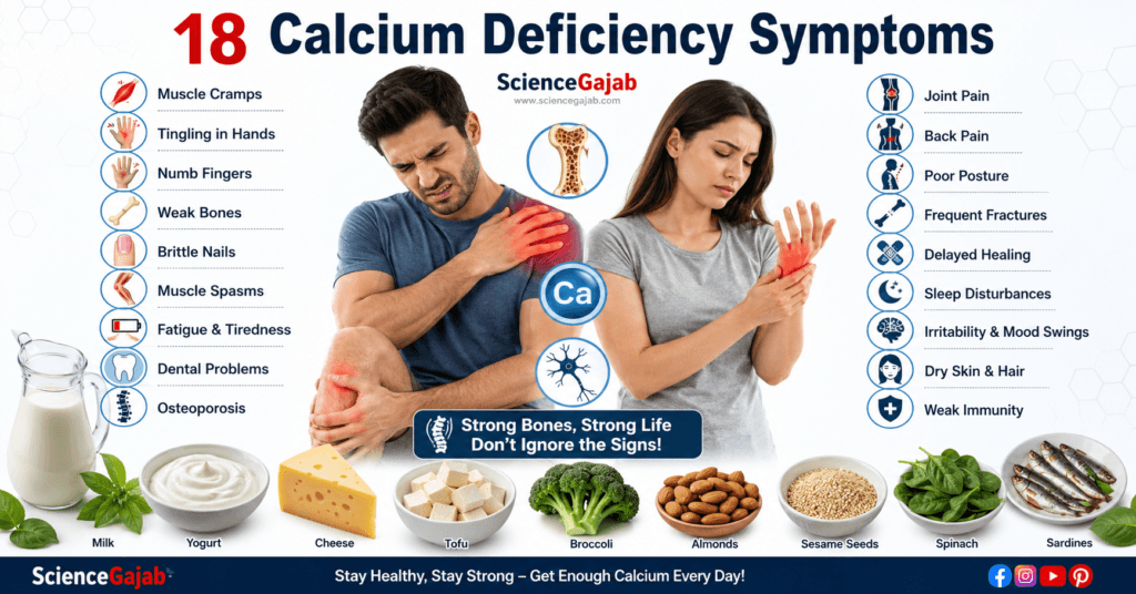 Medical infographic showing common calcium deficiency symptoms including muscle cramps, numbness, tingling, weak bones, brittle nails, and calcium-rich foods.
