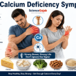 Medical infographic showing common calcium deficiency symptoms including muscle cramps, numbness, tingling, weak bones, brittle nails, and calcium-rich foods.