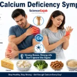 Medical infographic showing common calcium deficiency symptoms including muscle cramps, numbness, tingling, weak bones, brittle nails, and calcium-rich foods.