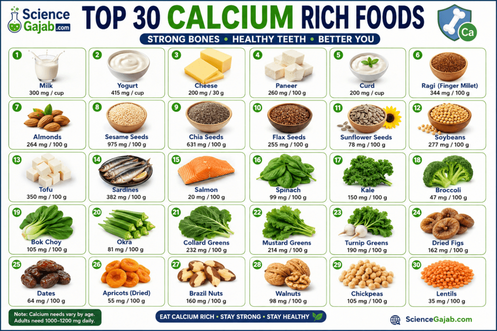chart showcasing 30 calcium-rich foods with clear visuals and approximate calcium content to make comparison easy.